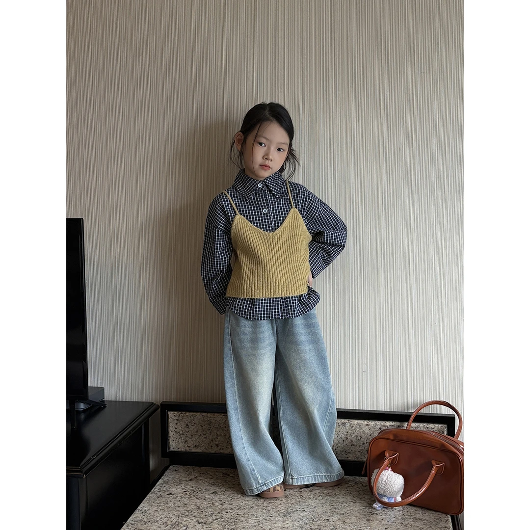 Harper kids 韩版女童百搭针织吊带格子衬衫两件套 H25B080858