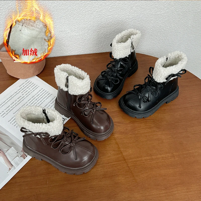 女童加绒马丁靴韩版蝴蝶结毛毛短靴中大童棉靴厚底宝宝公主风靴子