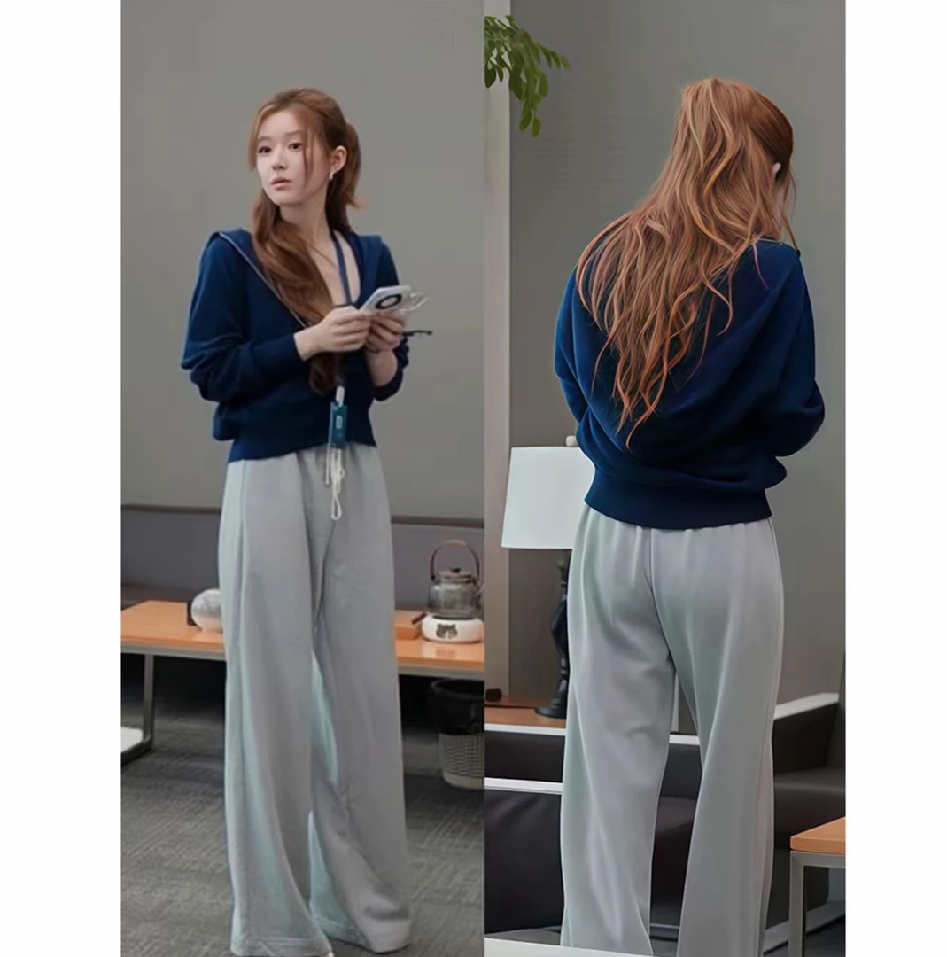 许我耀眼 露思同款慵懒风连帽拉链针织外套+拼色阔腿裤