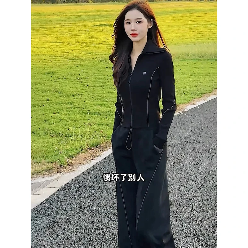 韩版气质休闲阔腿长裤秋冬款爆款拉链开衫黑色长袖卫衣两件套女装