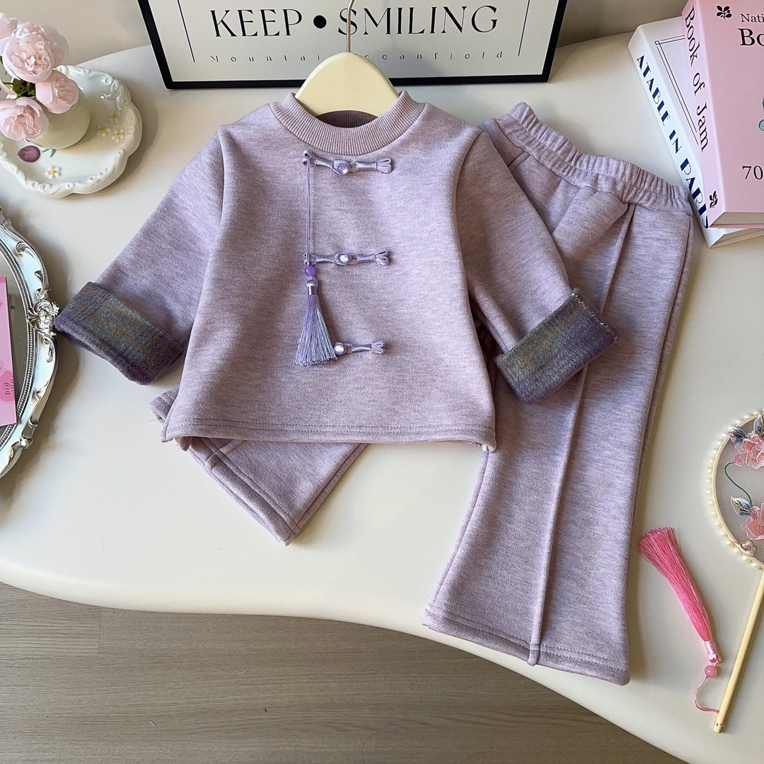 女童新中式套装冬季新款加绒新年国风上衣休闲裤两件套AWA896