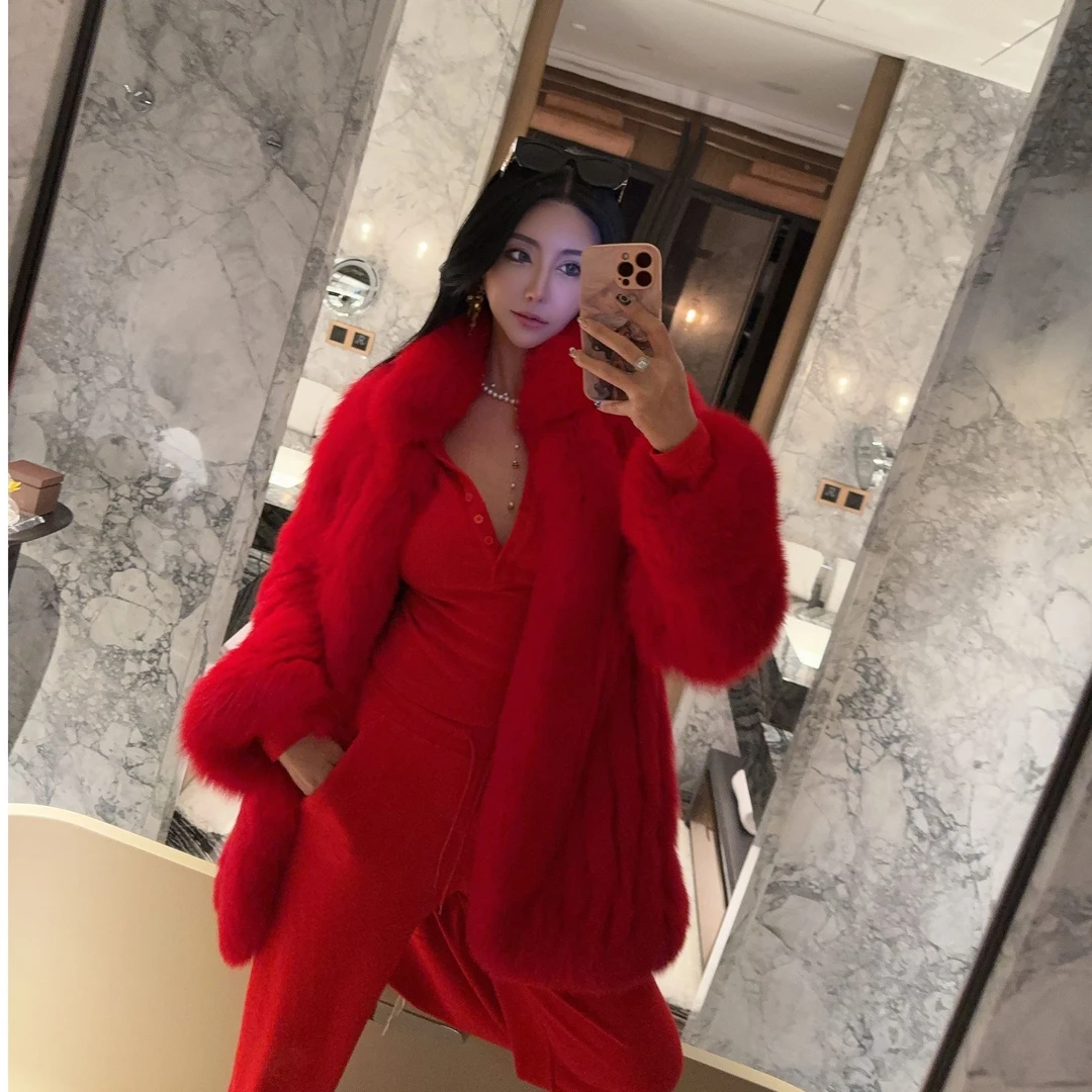 DOUWU【火热玫瑰】红色毛毛净版立领长袖开衫上衣SY13105