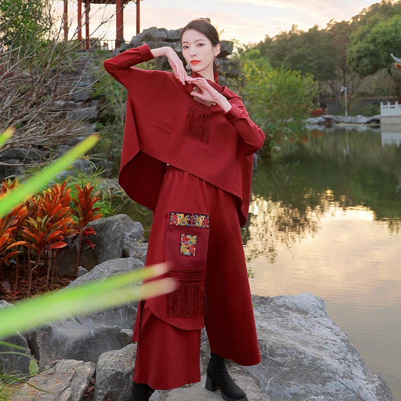 【双12同价-禹步-现货】杨丽萍雀云裳民族风休闲绣花宽松阔腿裙裤