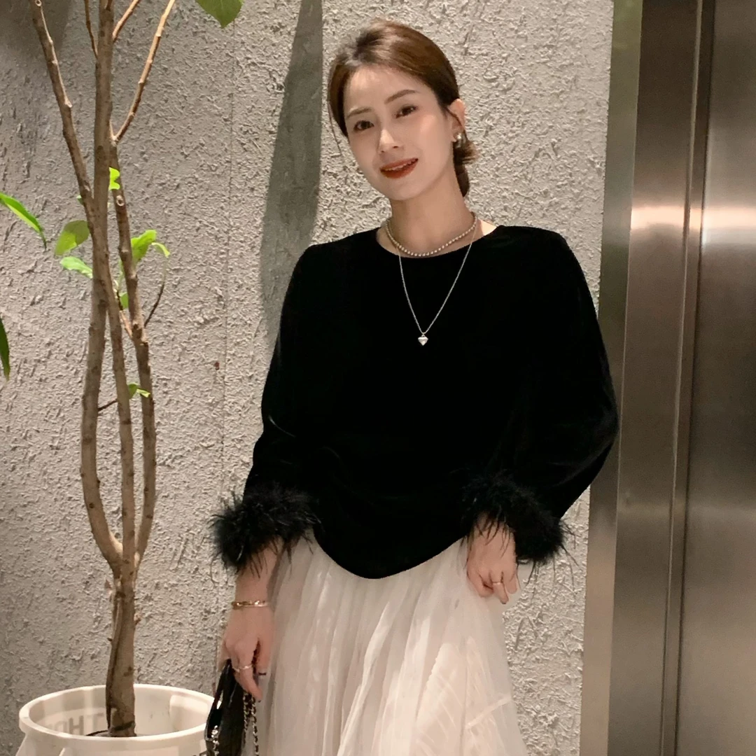 SUNCC自制 暗香 新高级气质温柔显瘦百搭法式毛毛手袖丝绒上衣
