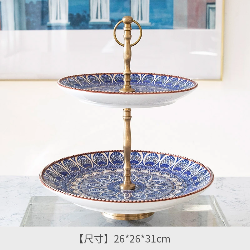 【奇居】印度进口黄铜陶瓷青花糕点盘双层#4810533