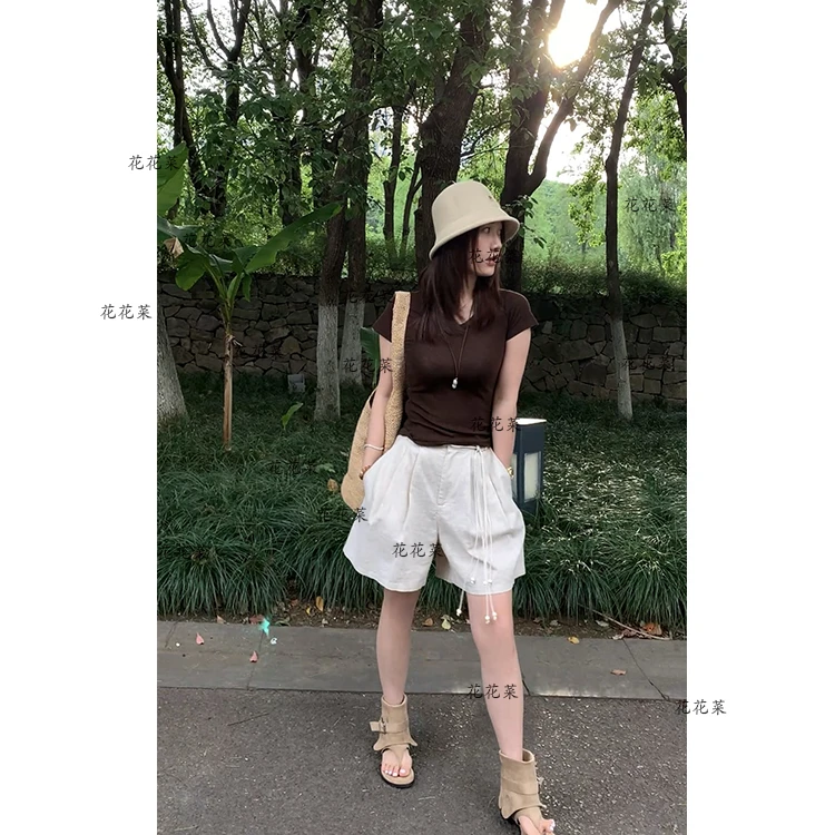 【花花菜】天丝羊毛混纺 夏季薄款简约亲肤凉感鹅蛋领短袖T恤女