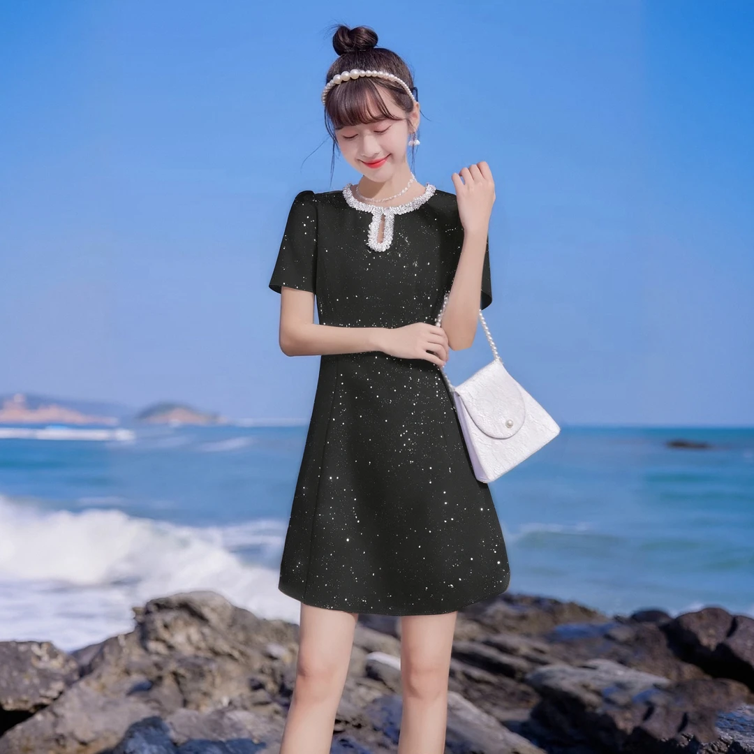 B新款法式设计瘦腰感赫本风气质名小众收腰时尚显瘦连衣裙女D1606