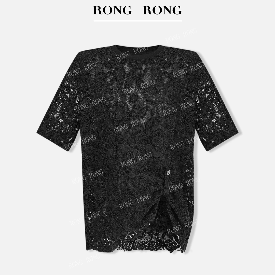 溶溶J【知性气质】RONGRONG 圆领蕾丝镂空绣花宽松短袖上衣T-B0007