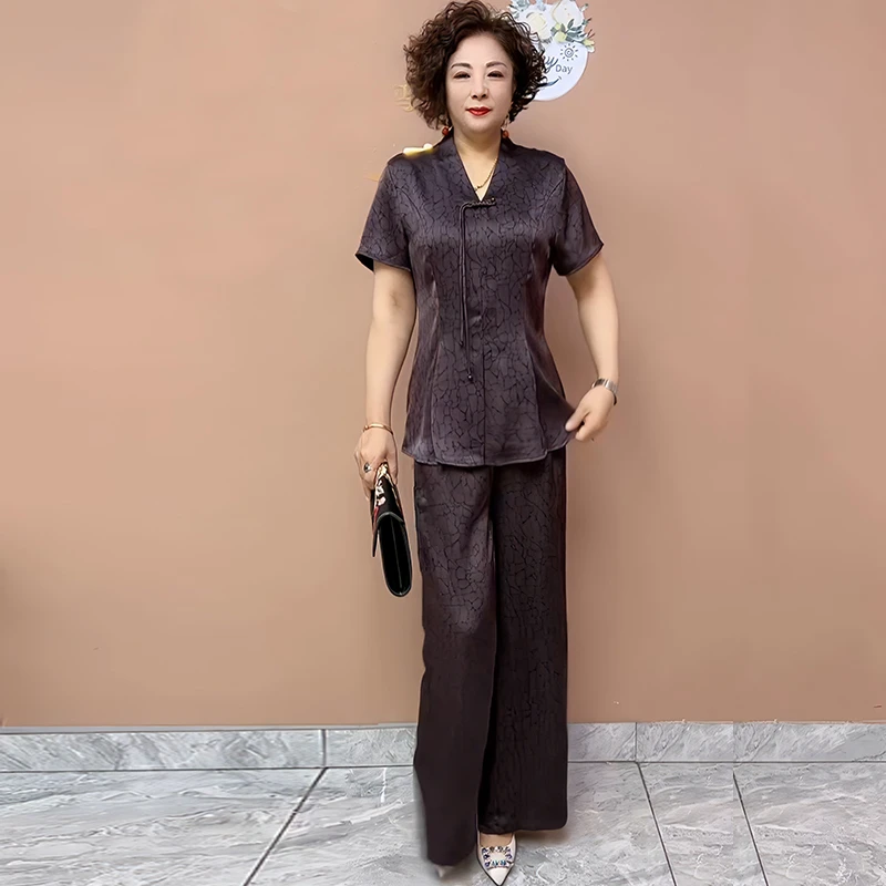 中老年妈妈高档时尚套装夏季宽松优雅两件套阔太太洋气衬衫阔腿裤