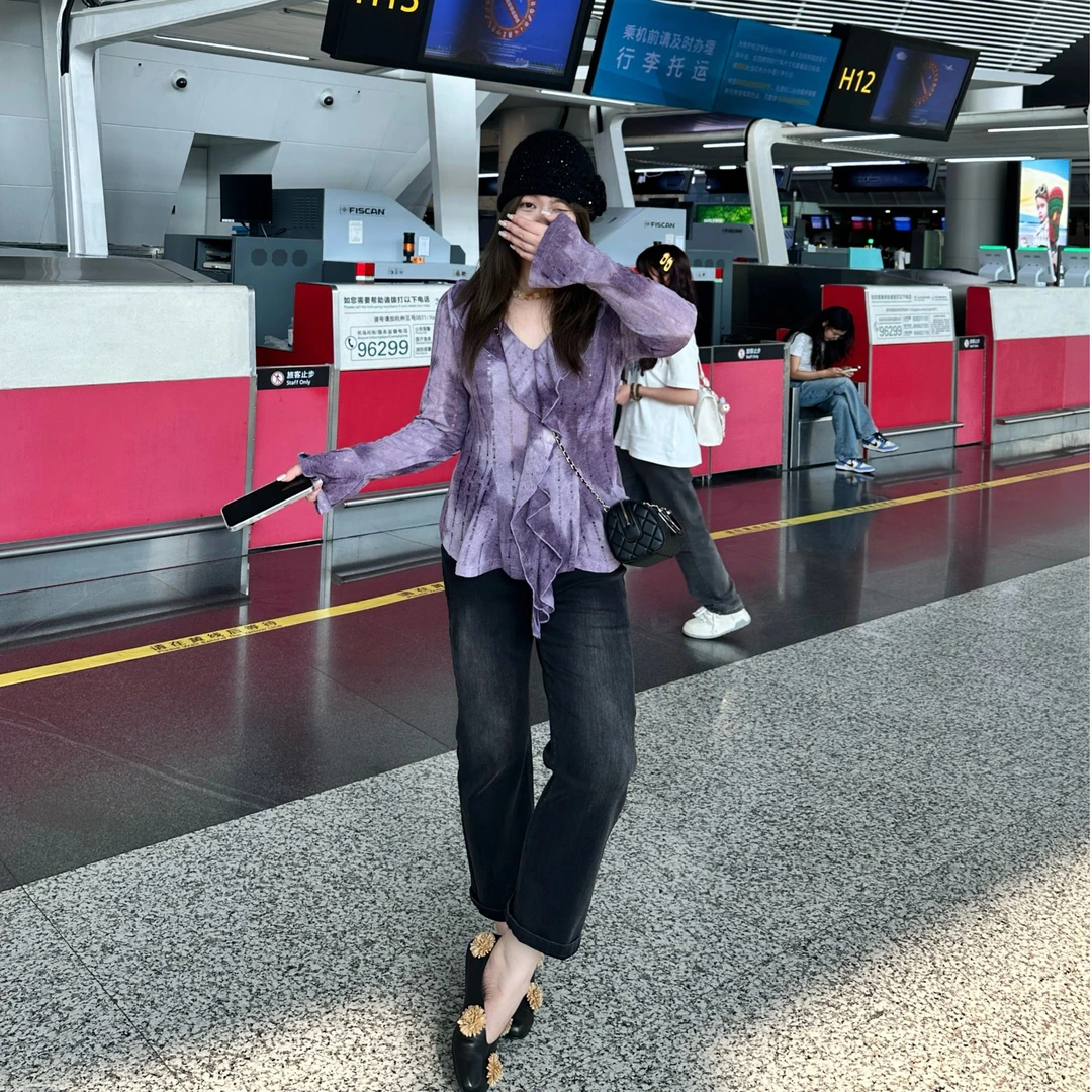 晶咕软软【暮染秋棠】时尚韩版渐变设计感荷叶边V领晕染长袖T恤