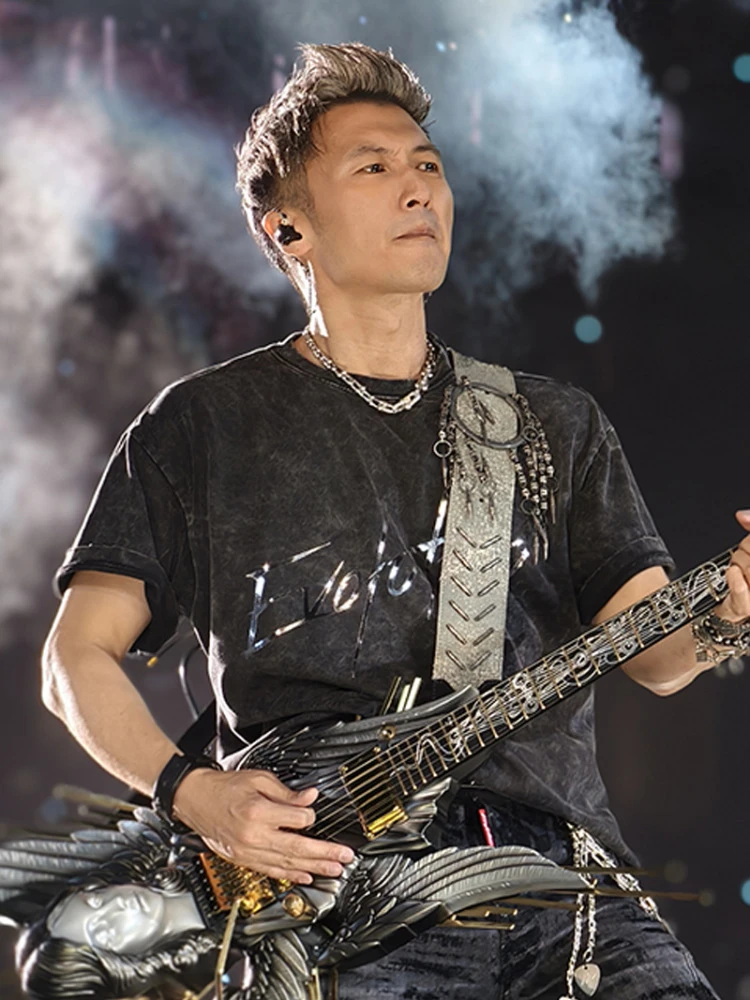 谢霆锋2025演唱会同款周边反光短袖T恤水洗黑重磅纯棉男女上衣服