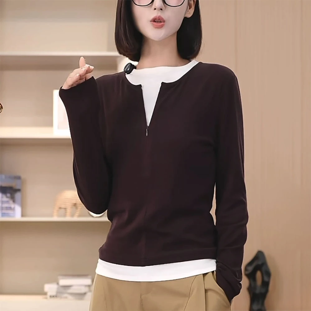 长袖t恤女士2025新款早秋时尚洋气减龄内搭假两件针织打底衫上衣