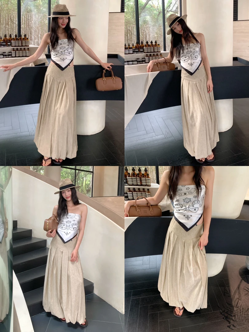 福秒 韩系亚麻高腰百褶半身裙（BY27280#）OBT