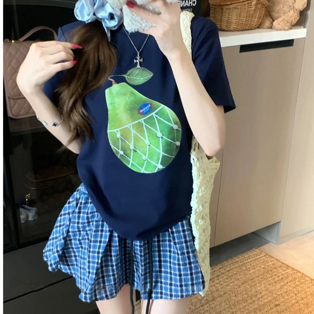 2025高级感通勤穿搭女印花短袖T恤格子半身裙两件套JR-T20122