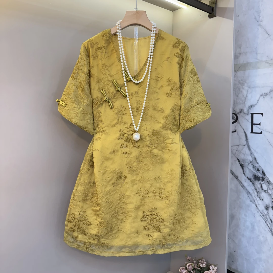 大码女装2025夏季新款新中式国风盘扣高级感裙子遮肉显瘦78013