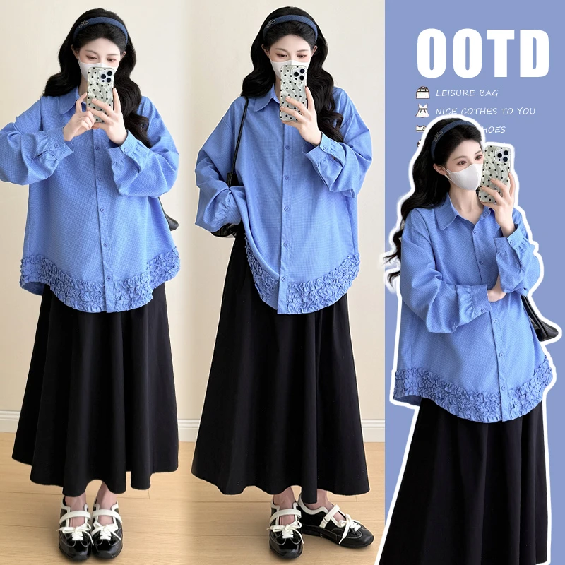 孕妇装秋季时尚韩系高级感克莱因蓝宽松花边衬衫搭配半身裙两件套