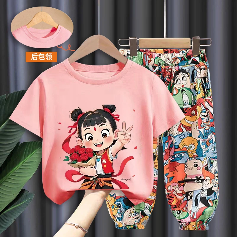 哪吒童装男童女童夏装2025新款套装儿童夏款国潮短袖小女孩套装