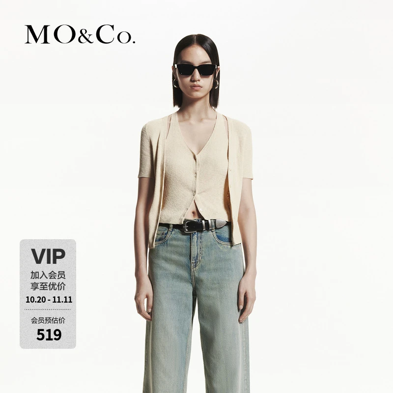 MOCO秋亚麻棉混纺V领短款假两件针织衫开衫MBD3CAR023