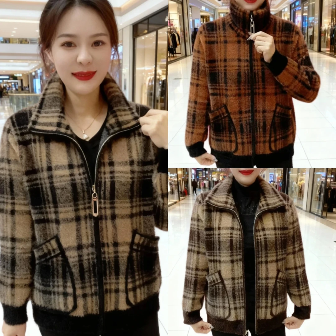 秋冬新款时尚百搭两用领格子外套