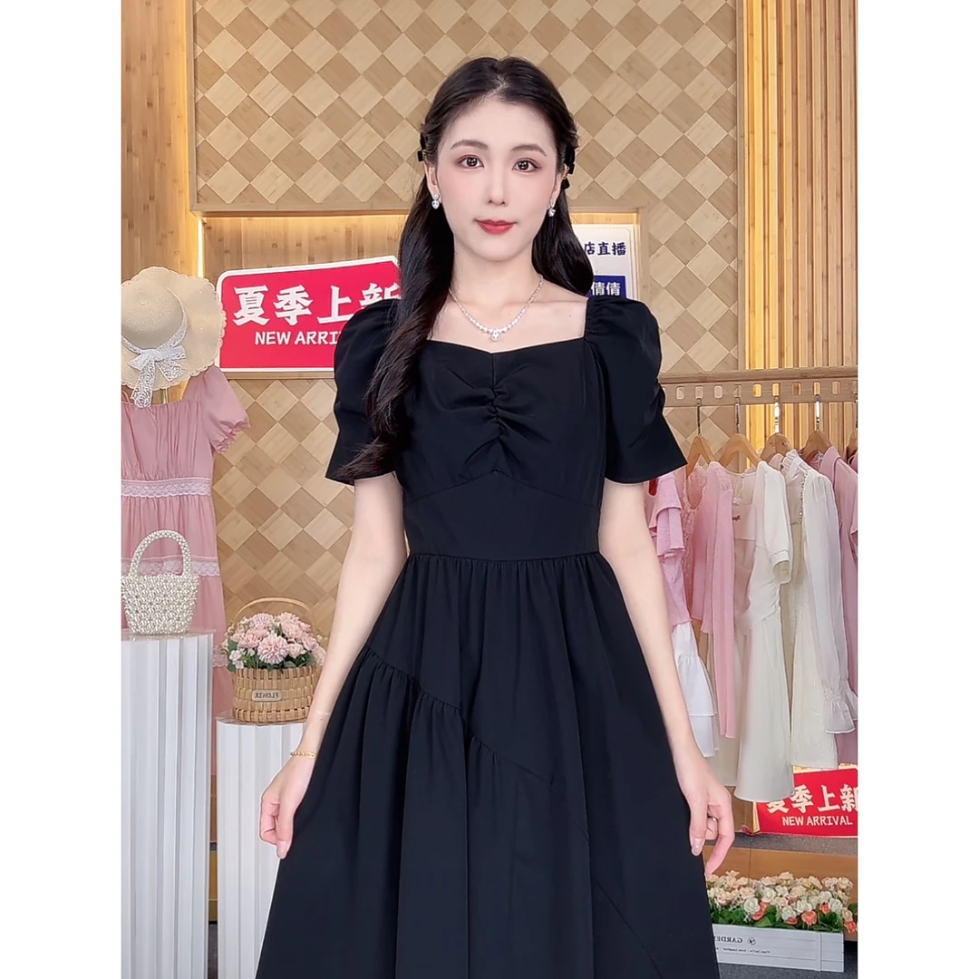 欧若风不规则短袖连衣裙女2025新夏甜美宽松遮肚款海边度假小裙子