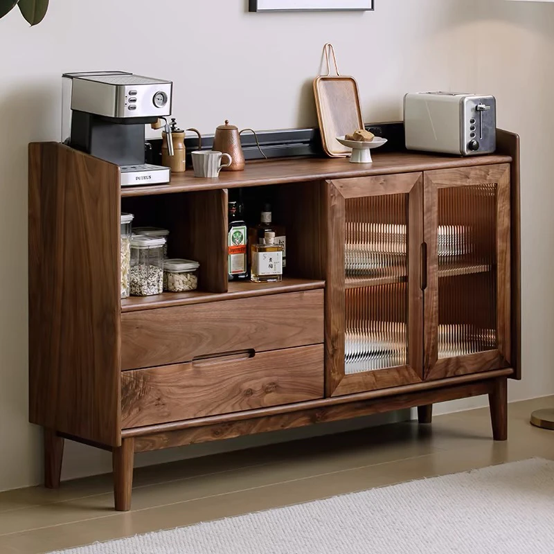 北美客厅黑胡桃木餐边柜一体简约多功能实木茶水柜家用收纳储物柜