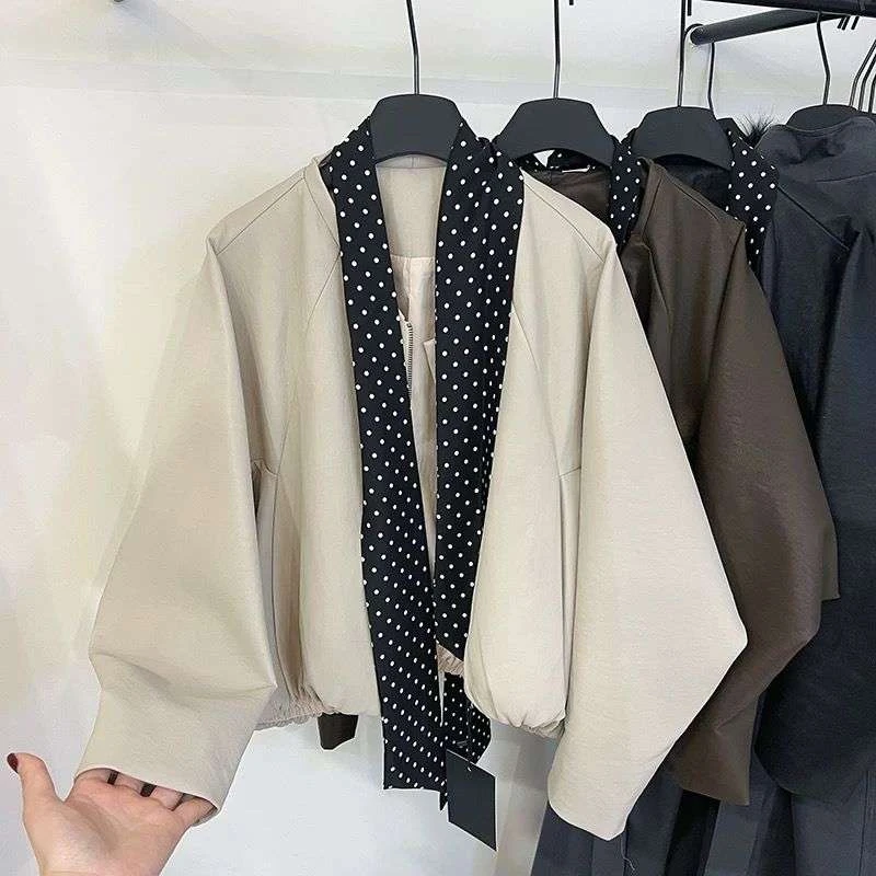 韩系高级感蝙蝠袖皮衣外套女秋装新款2025休闲气质夹克配丝巾上衣