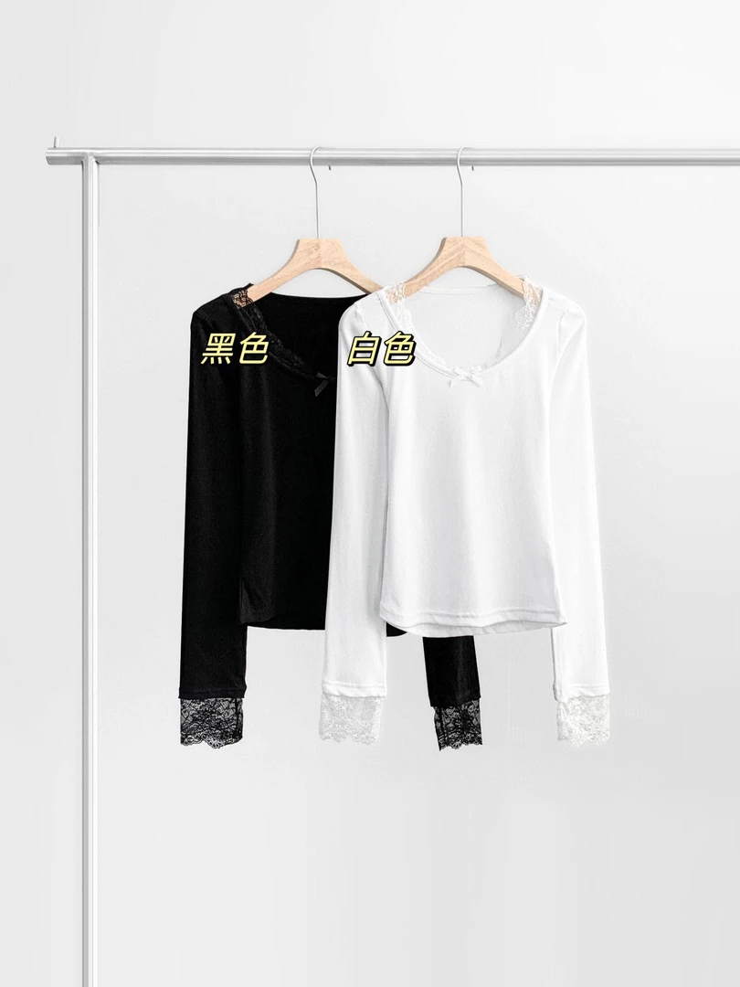 为妳甄选●XT2501蕾丝蝴蝶结T上衣白色黑色打底衫内搭长袖