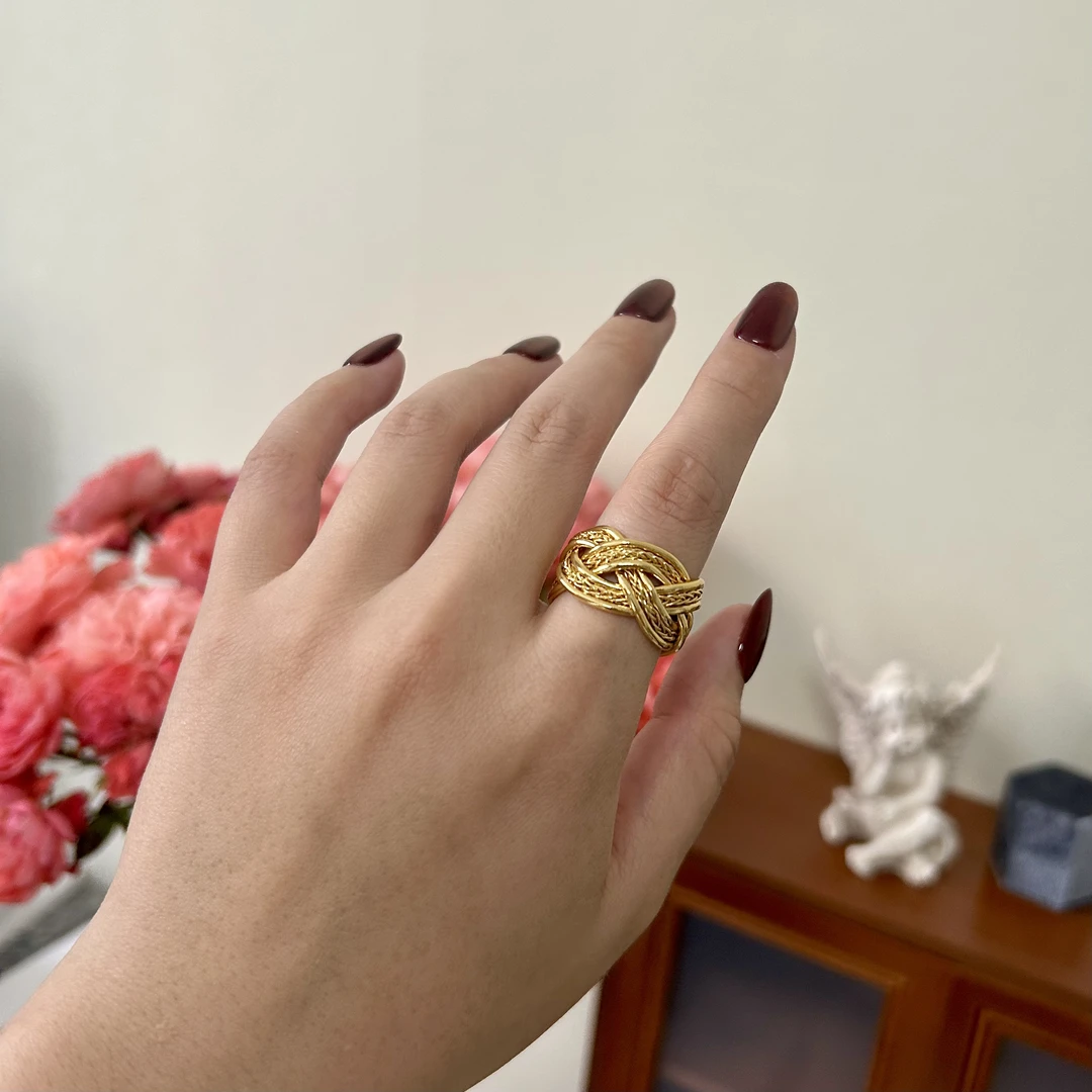 黄铜合成锆石戒指 宽版缠绕立体编织复古气质开口戒指A55
