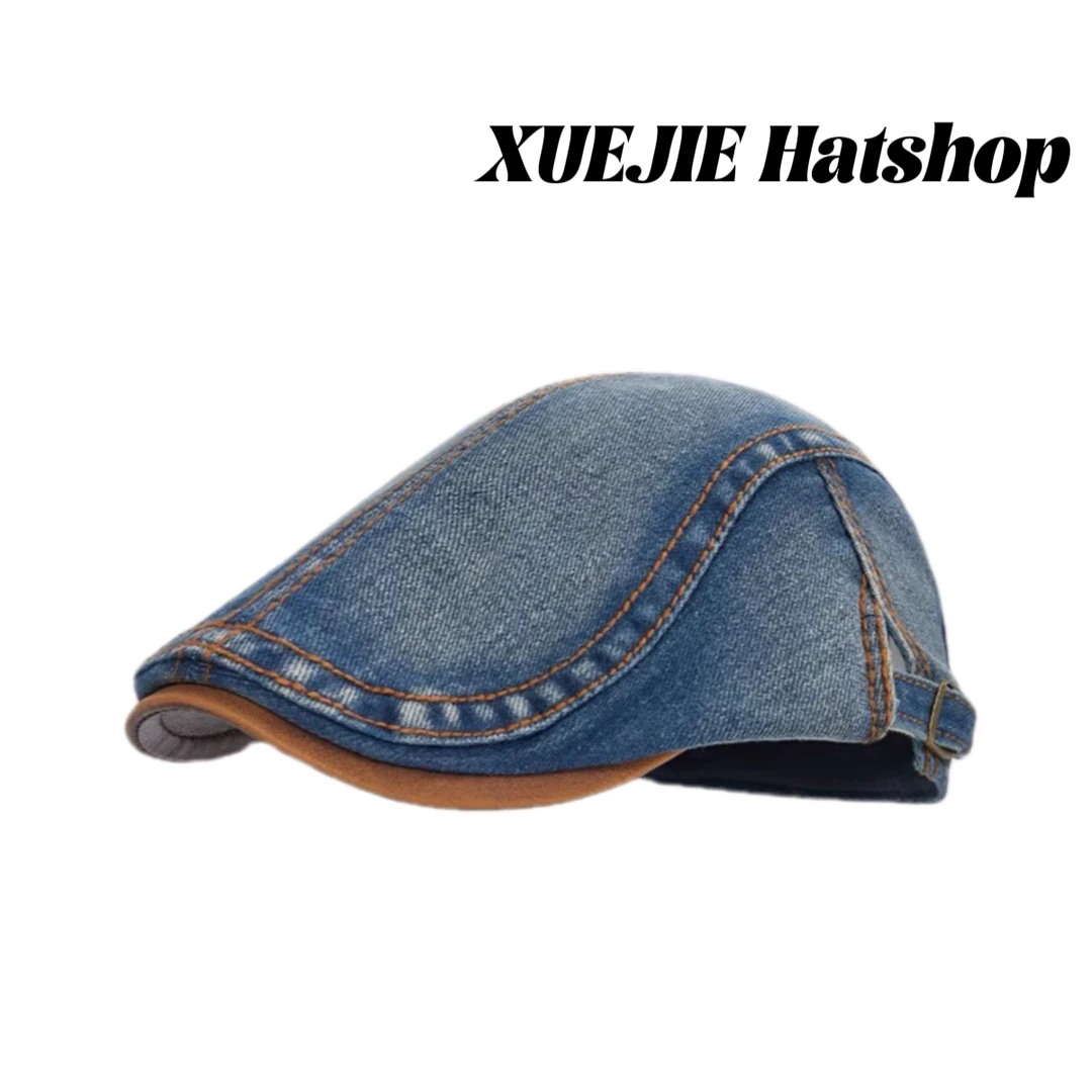 25S 复古水洗牛仔前进帽女春夏百搭大头围显脸小英伦风贝雷帽子