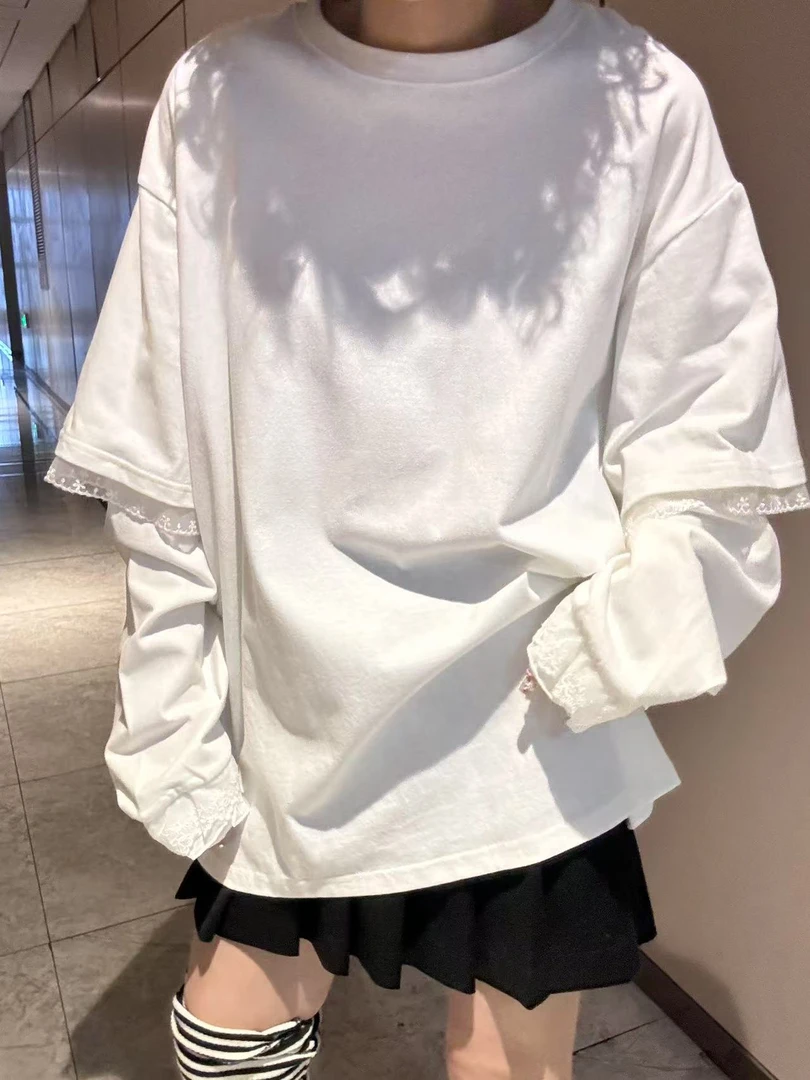 假两件蕾丝边长袖T恤