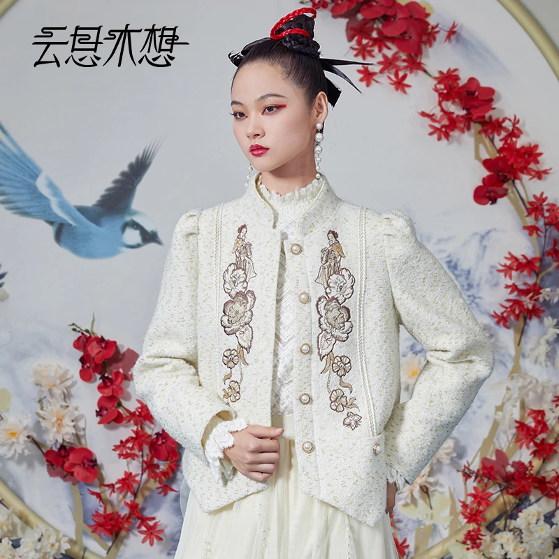 新中式2023秋冬新款粗花呢绣花小香风毛呢外套10962