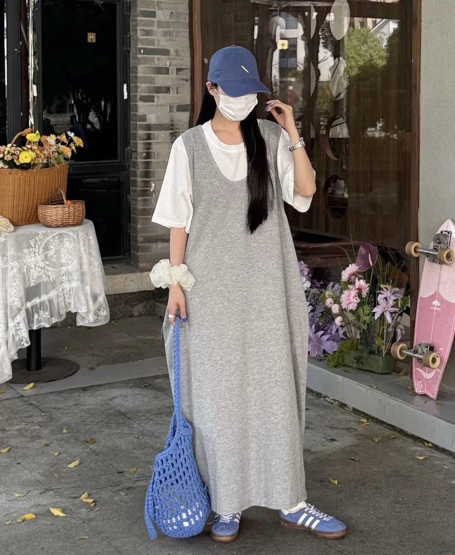 有去无回款-夏夜细雨～背后小细节镂空背心长裙＋纯色短袖套装