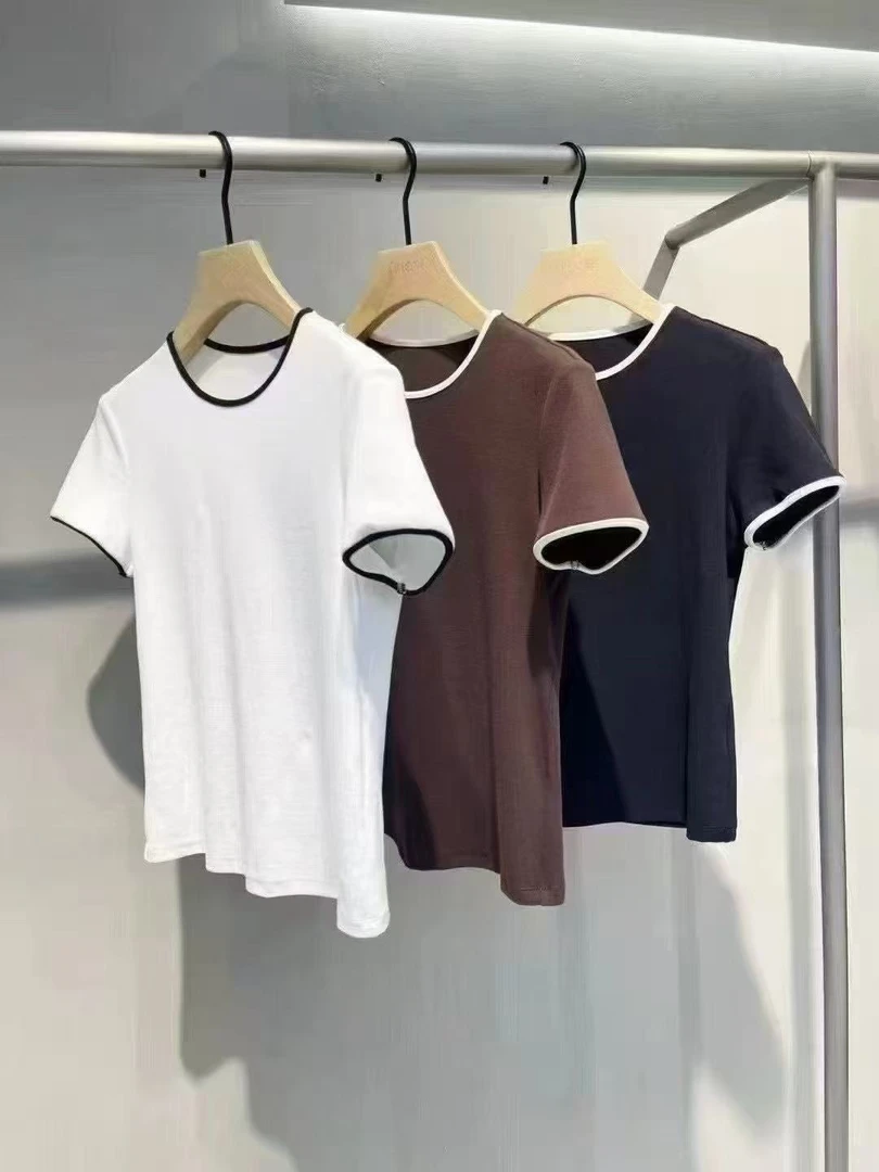 女装夏季新款T恤撞色圆领修身百搭短袖6129