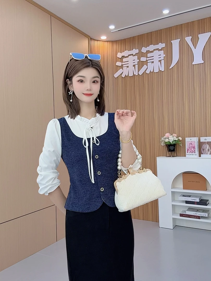 潇潇xiaoxiao/秋季新款2025小香风显瘦气质假两件时尚拼接衬衫