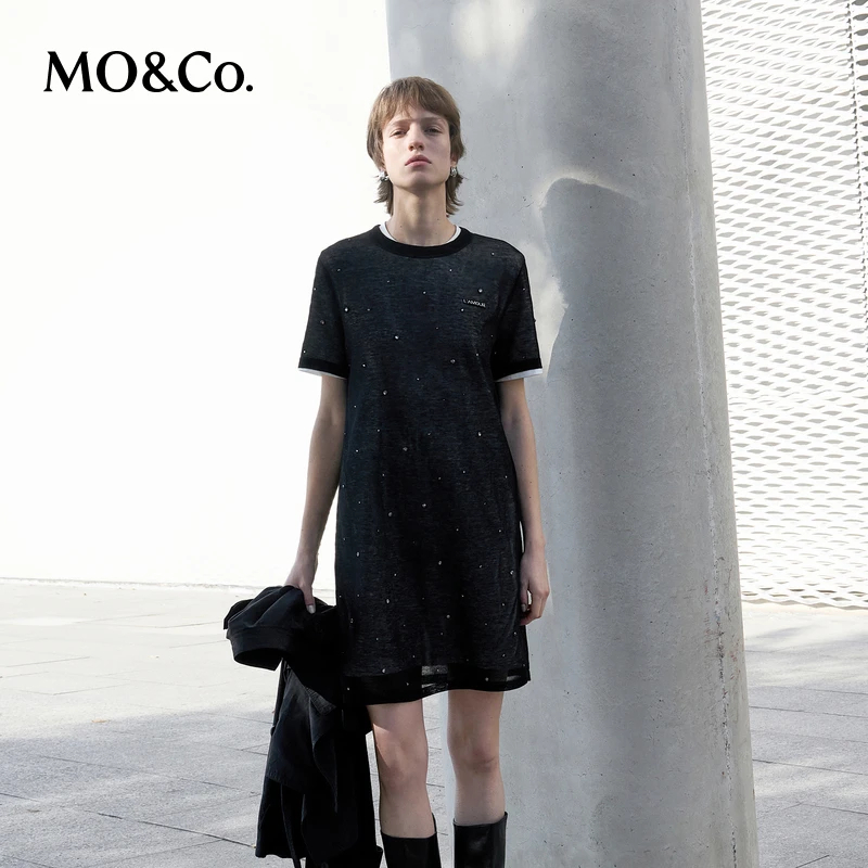 【流光风】MOCO2025新品两件套微透手工钉直筒连衣裙MBE1DRST02
