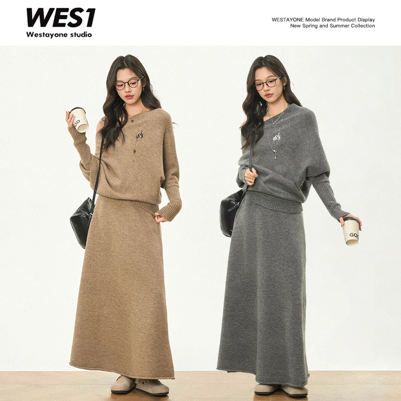 【1月18号新品】WESTAYONE秋季新款休闲两件套装一字肩上衣半身裙