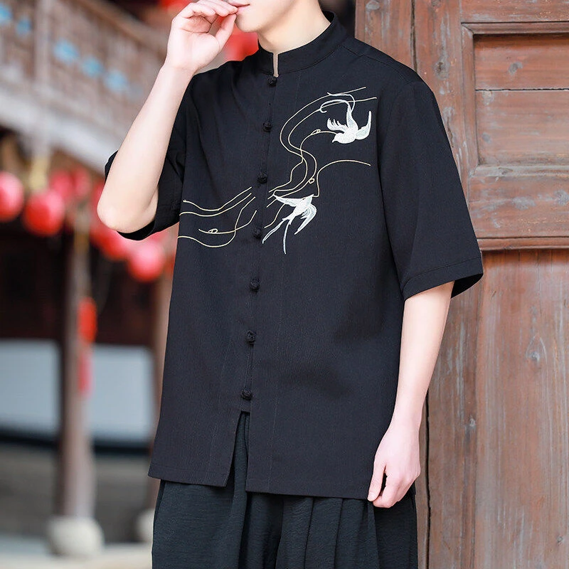 中国风刺绣衬衫男短袖夏季薄款立领盘扣唐装新中式宽松半袖衬衣潮