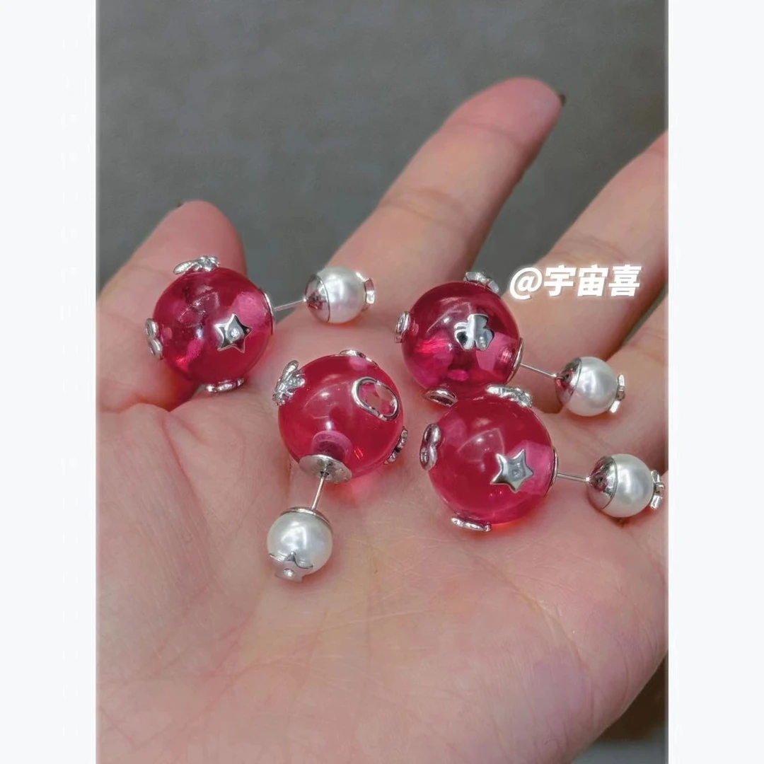 铜合金亚克力耳饰  C1-012【桃粉泡泡前后贝珠耳钉】