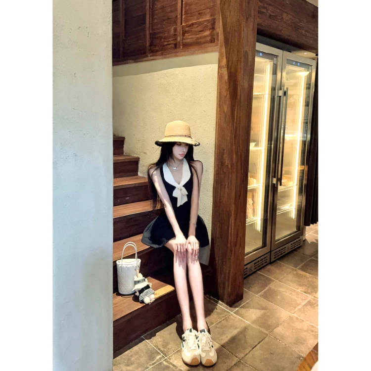 夏季气质蝴蝶结无袖连衣裙女纯欲风a字裙针织显瘦修身收腰裙子女