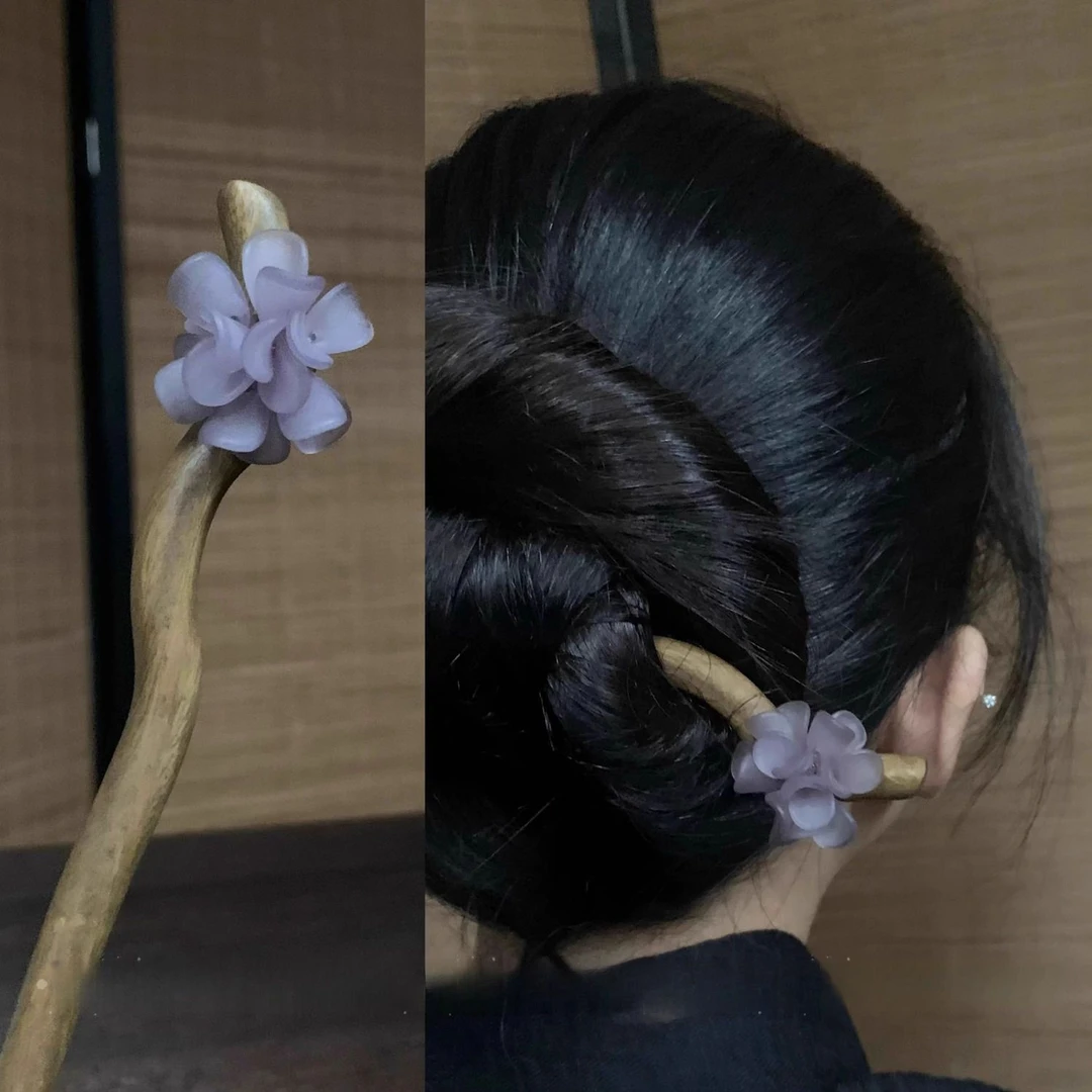 古人·鸢尾紫·文艺复古簪子天然绿檀木鸢尾花茶花发簪中式发簪