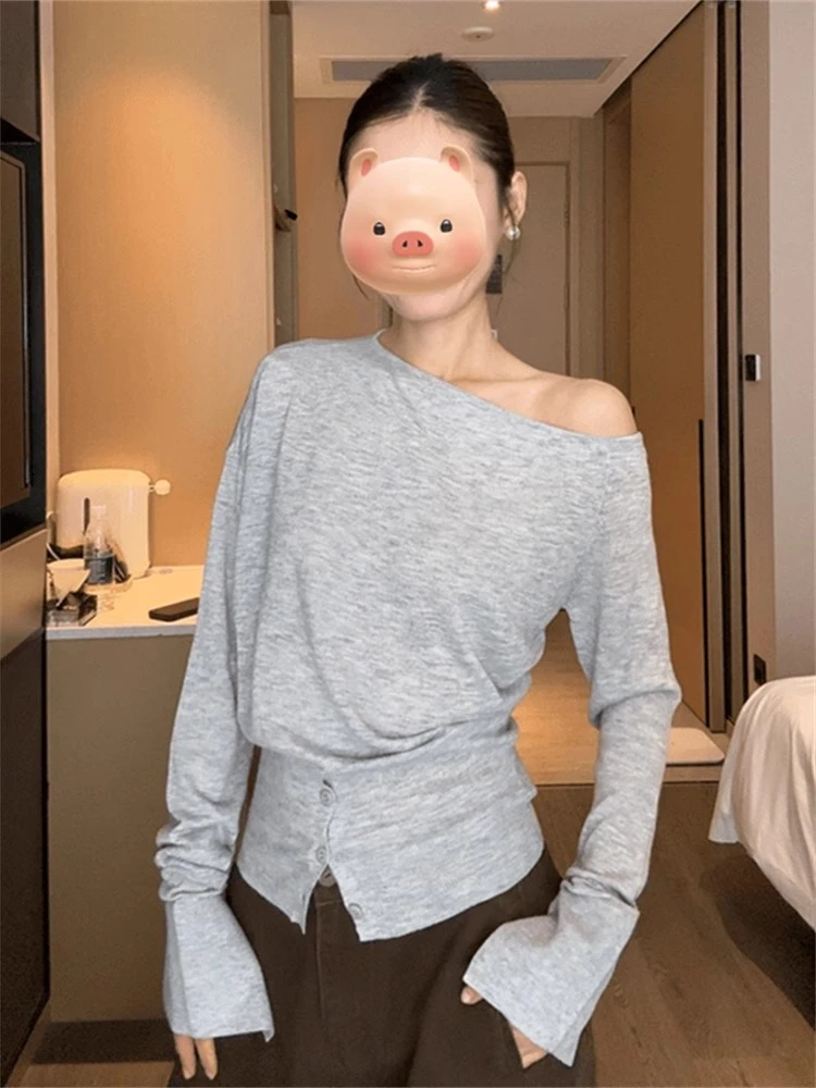 法式高级感一字领打底衫女2025春秋宽松斜肩开叉长袖露肩针织上衣