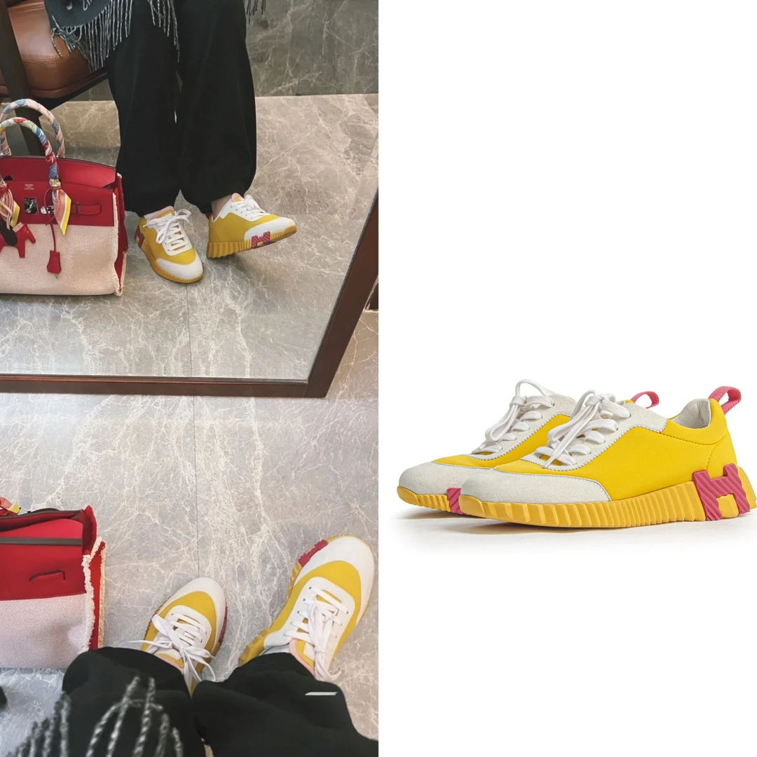 95新 Hermes/爱马仕 Bouncing山羊皮运动鞋女鞋柠檬黄35.5码H3102