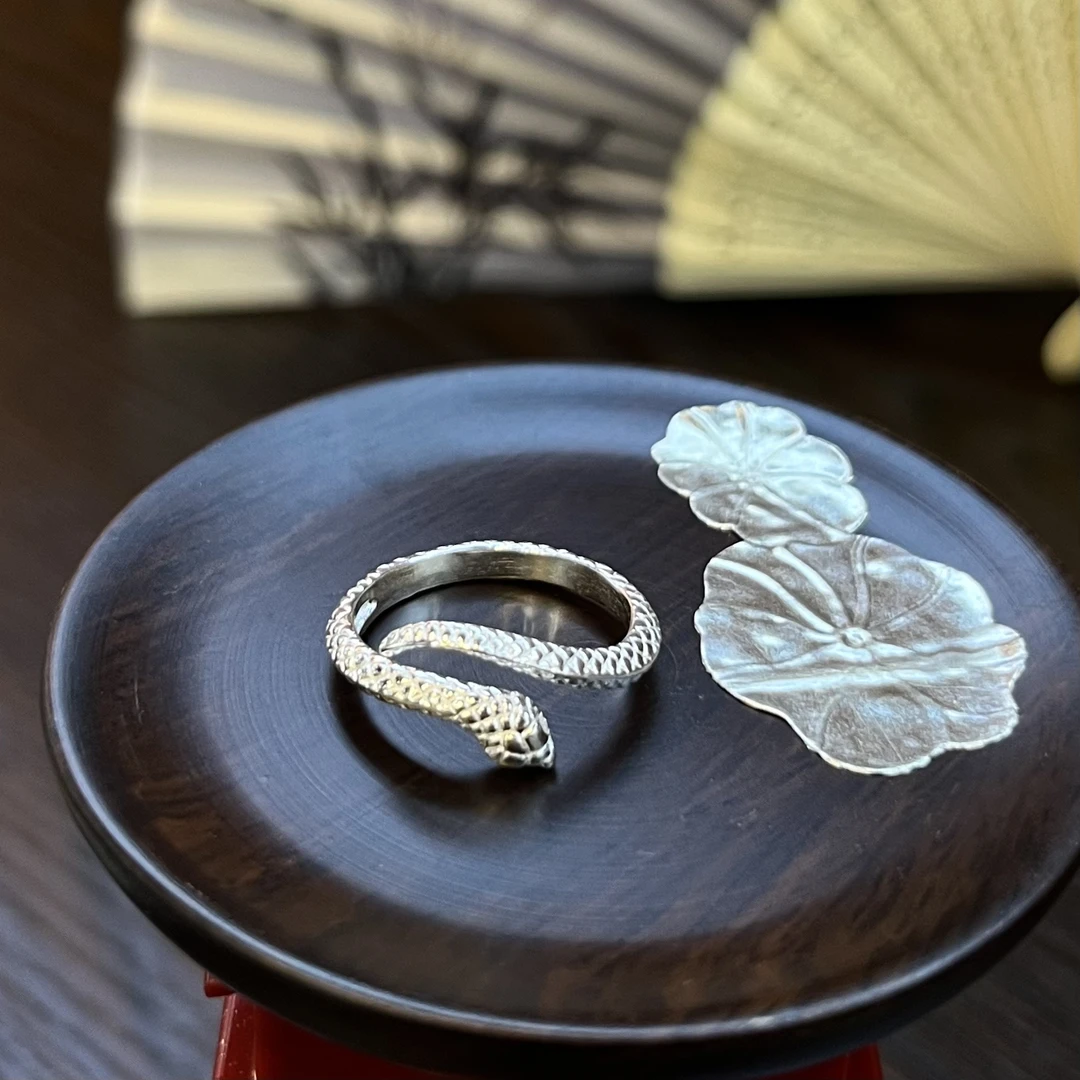 足银戒指 灵蛇戒指时尚可调节活口戒指足银999.9百搭戒指纯银小众