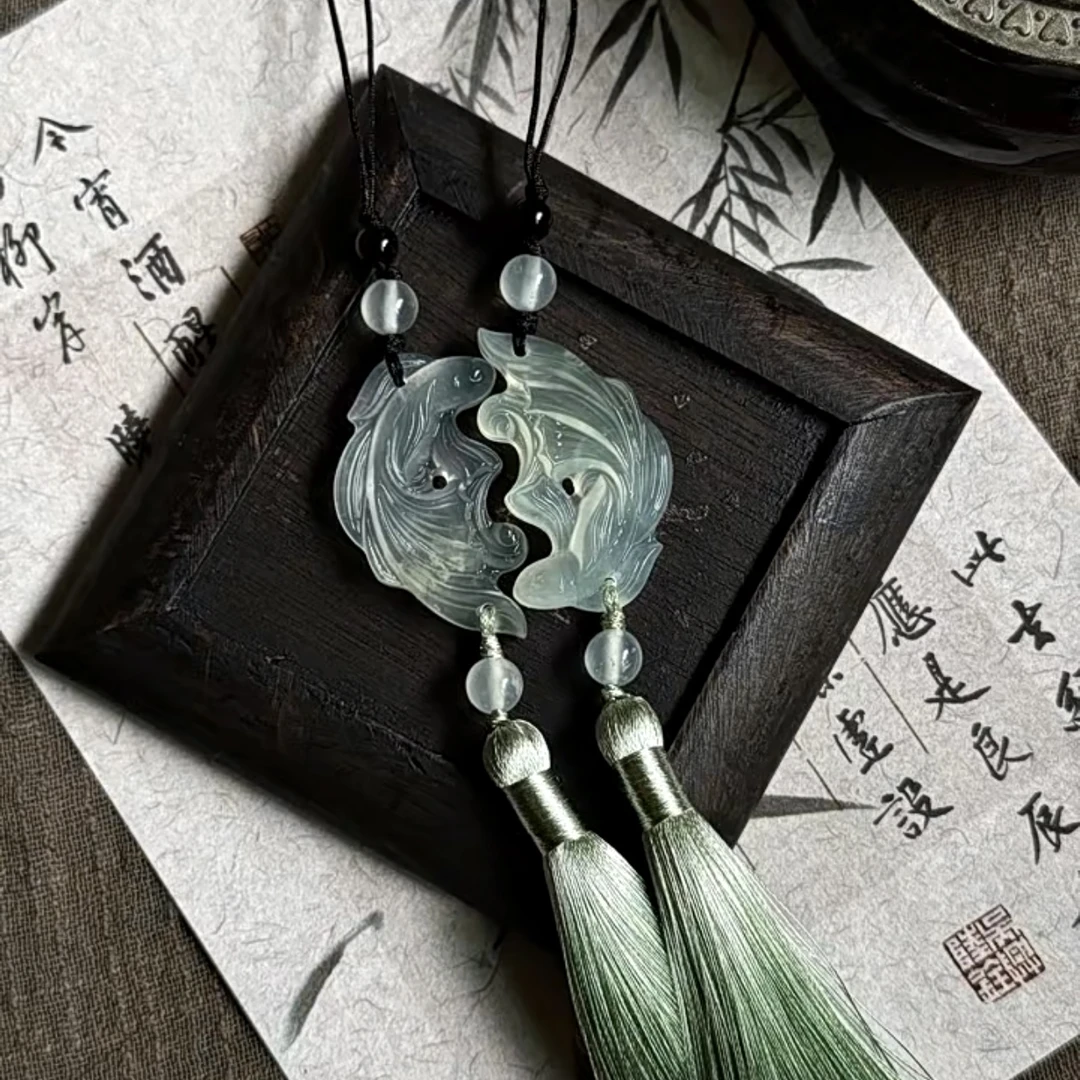 天然岫玉谢回国风正版双鱼玉佩新中式礼盒款情侣双鱼玉佩吊坠一对
