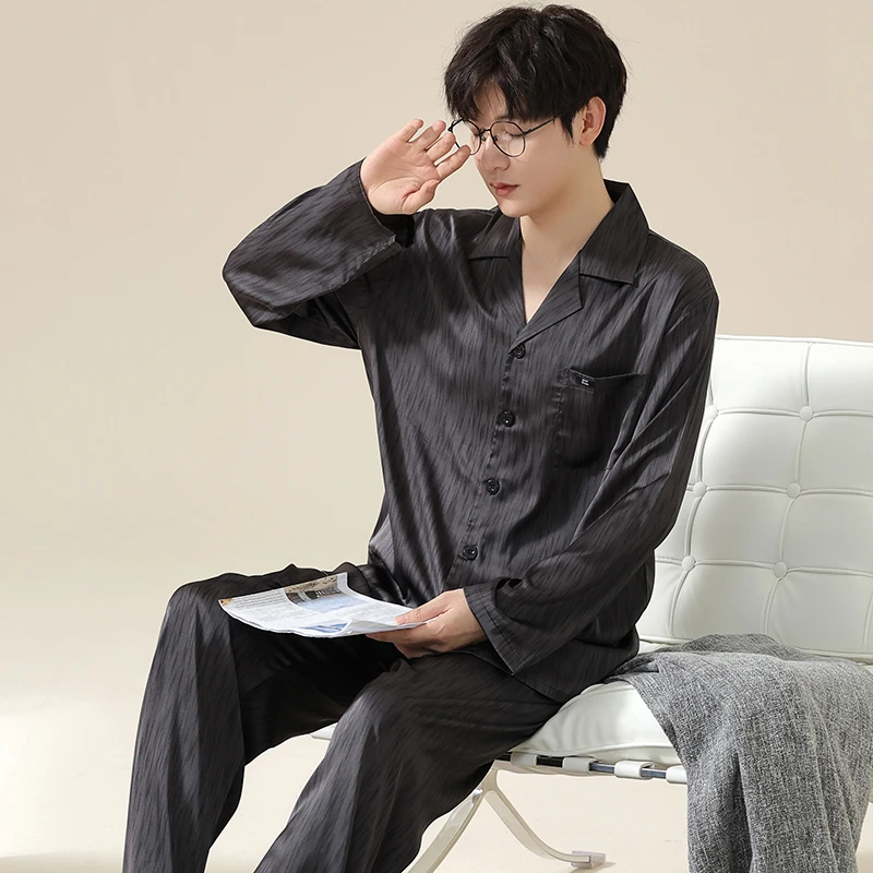 Atw-春秋新款睡衣男士长袖冰丝时尚透气七夕送礼高档家居服两件套