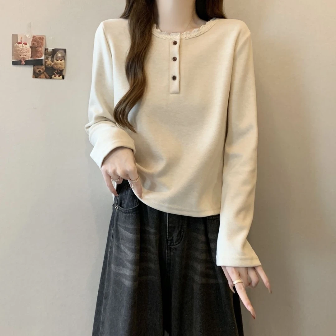 纯色磨毛德绒保暖秋冬加绒长袖女时尚纽扣韩系宽松T恤百搭慵懒风