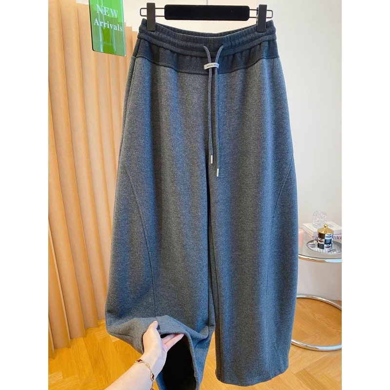 港式300斤特大码撞色拼接宽松阔腿裤秋冬男女系带洋气毛呢休闲裤