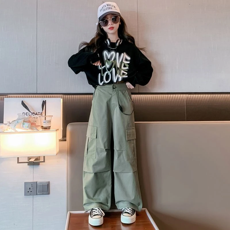 6-12岁女童工装裤套装春秋新款爵士风时髦字母上衣洋气韩版两件套