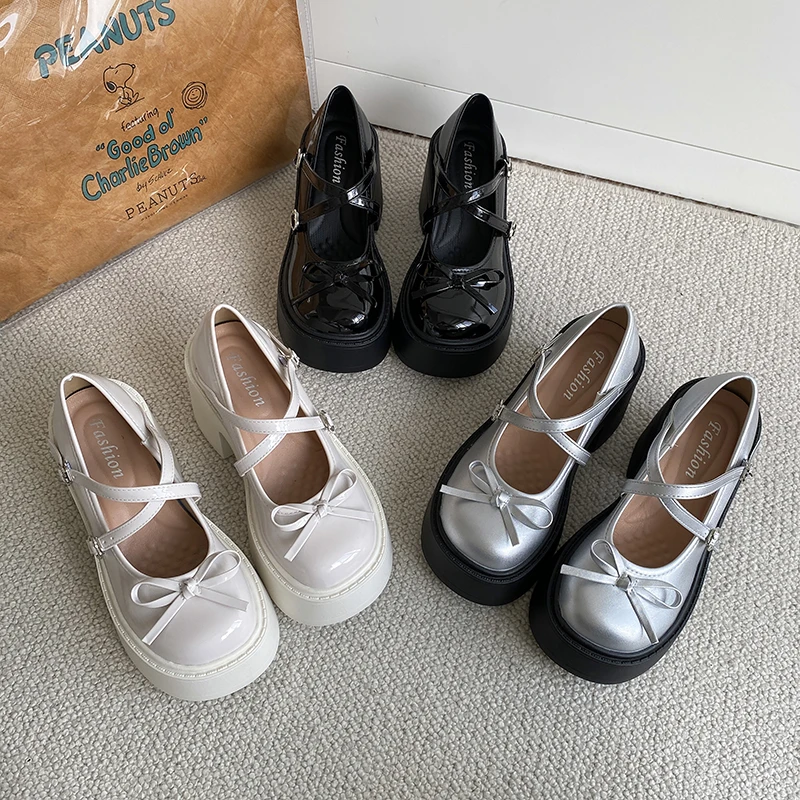 蝴蝶结粗高跟小皮鞋女2024夏季新款日系jk增高法式百搭玛丽珍单鞋