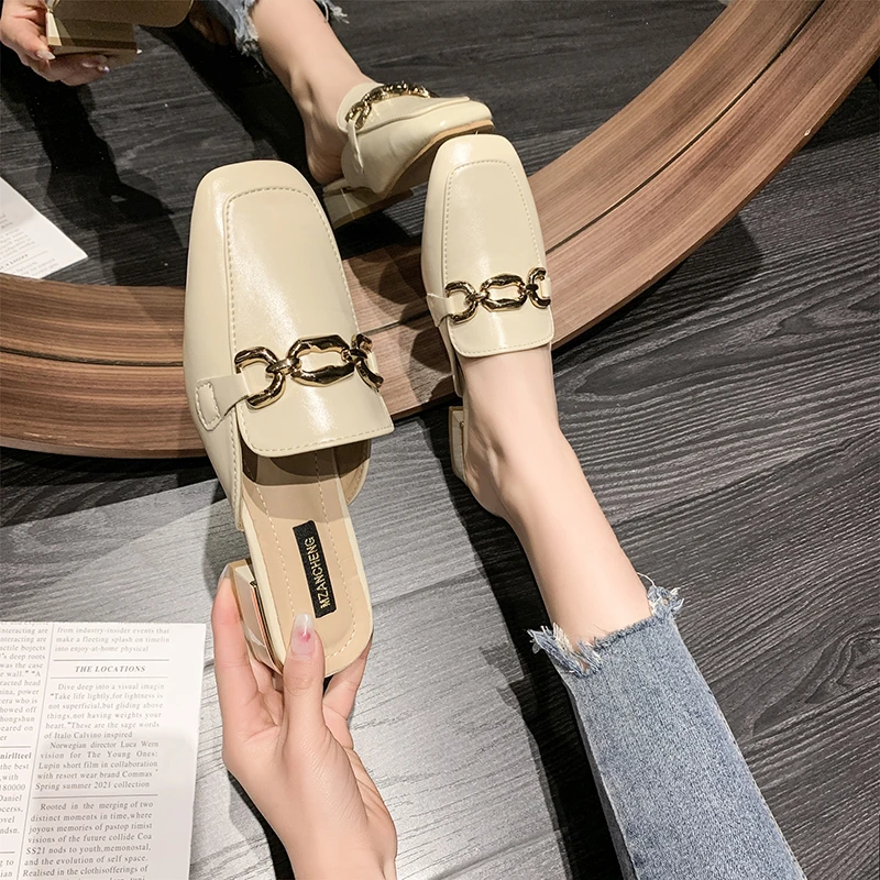 2025新款包头半拖鞋女外穿法式方头小皮鞋半托单鞋穆勒鞋中跟凉拖